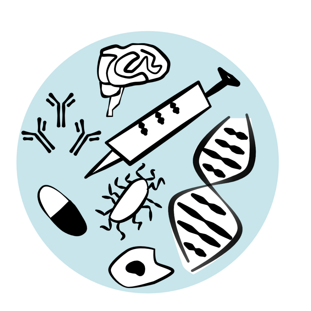 Cartoon style image representing subjects of medical research. Antibodies, cells, syringes, DNA, bacteria, and a brain
