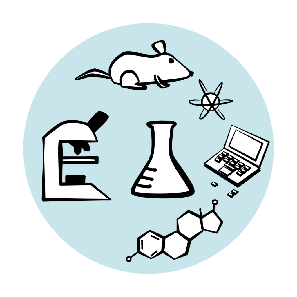 Cartoon style drawings of several important things for medical research. A microscope, a computer, an atom, the chemical symbol for oestrogen, and a mouse